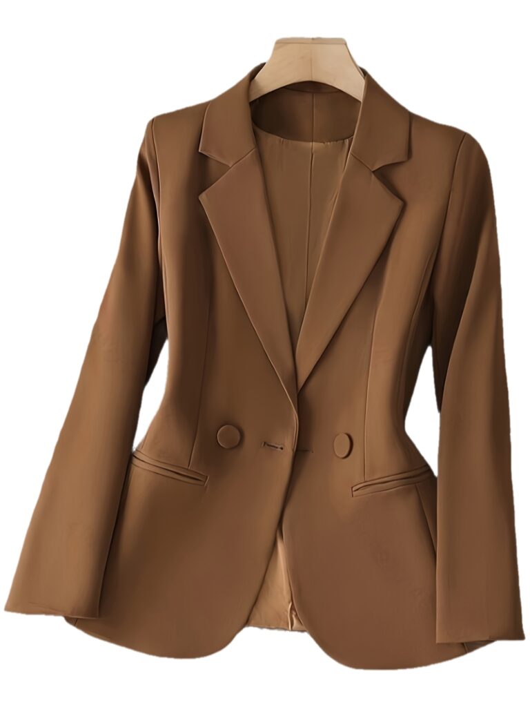 Women's Timeless Chic Brown Double-Breasted Blazer. Versatile 100% polyester blazer, perfect for spring, fall, office or casual wear.