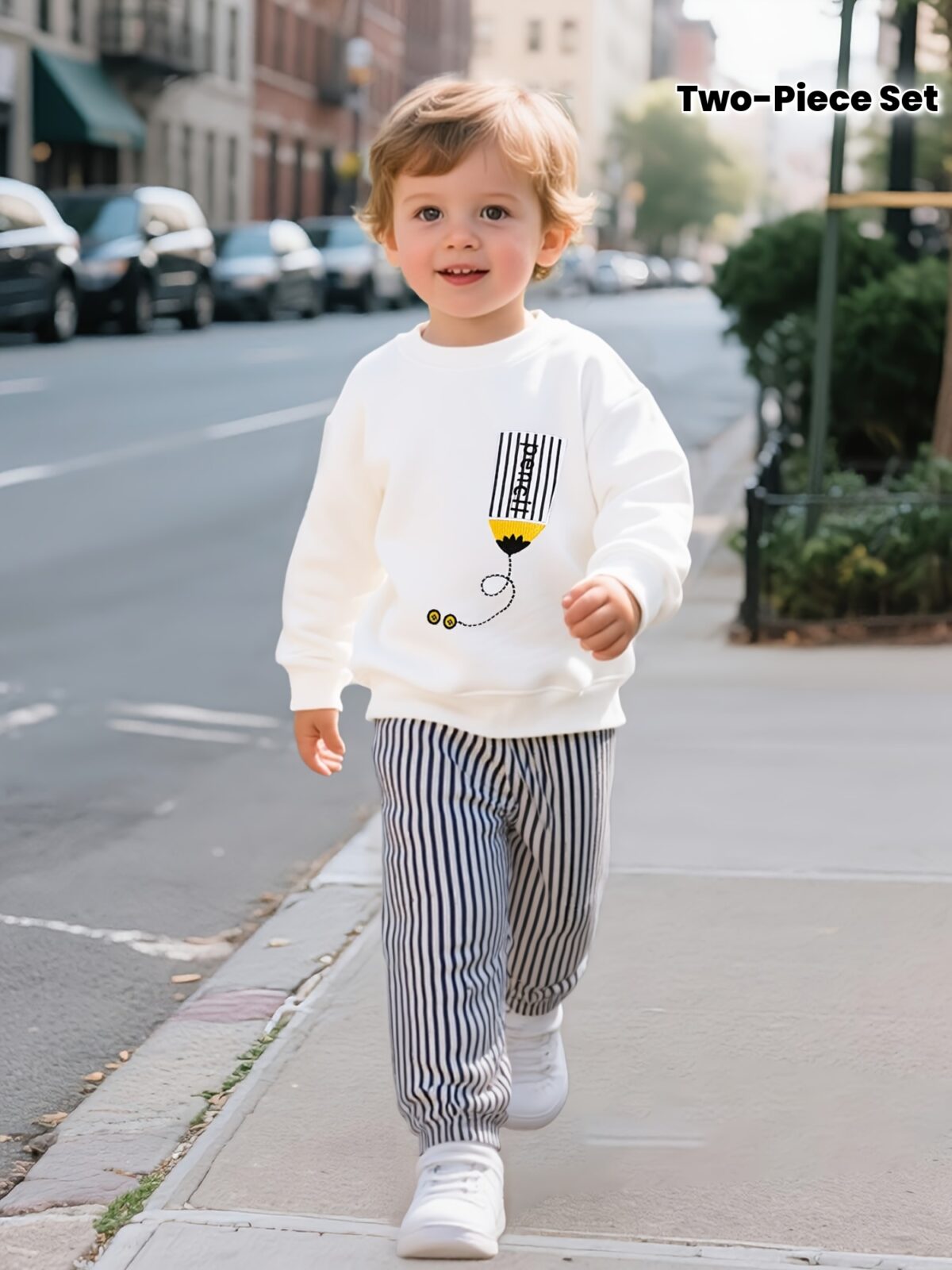 Adorable boys hoodie and sweatpants set featuring a stylish pencil pattern hoodie and comfortable striped sweatpants Perfect for school playdates or cozy days at home