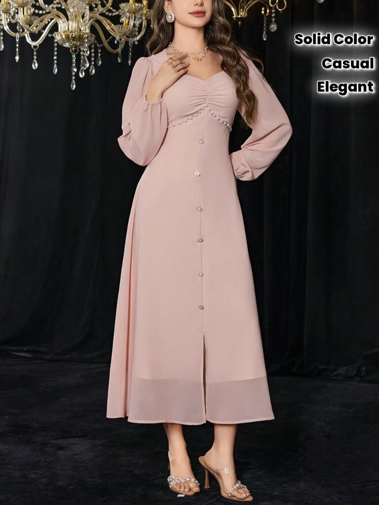 Flattering A-line square neck dress in a soft fabric, featuring long sleeves and a button-up front. Perfect for both casual and formal occasions.