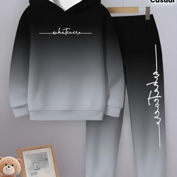 Stylish boys two piece gradient hoodie set in trendy colors Featuring a comfortable soft polyester hoodie and matching long pants perfect for everyday wear and playtime