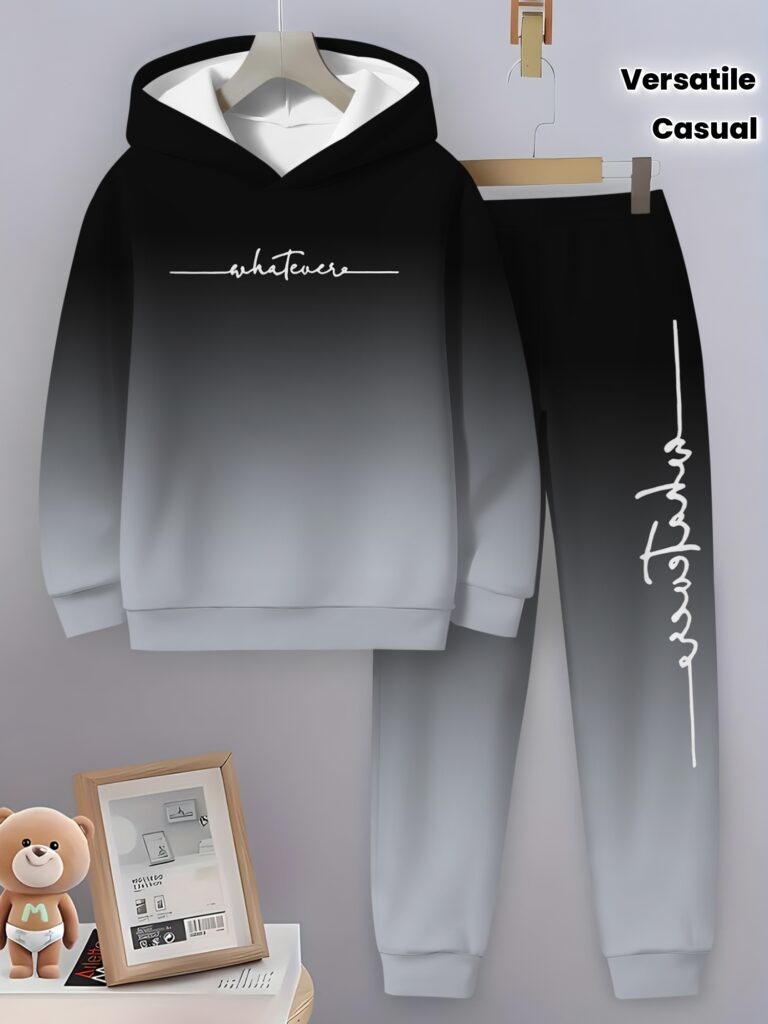Stylish boys' two-piece gradient hoodie set in trendy colors. Featuring a comfortable, soft polyester hoodie and matching long pants, perfect for everyday wear and playtime.