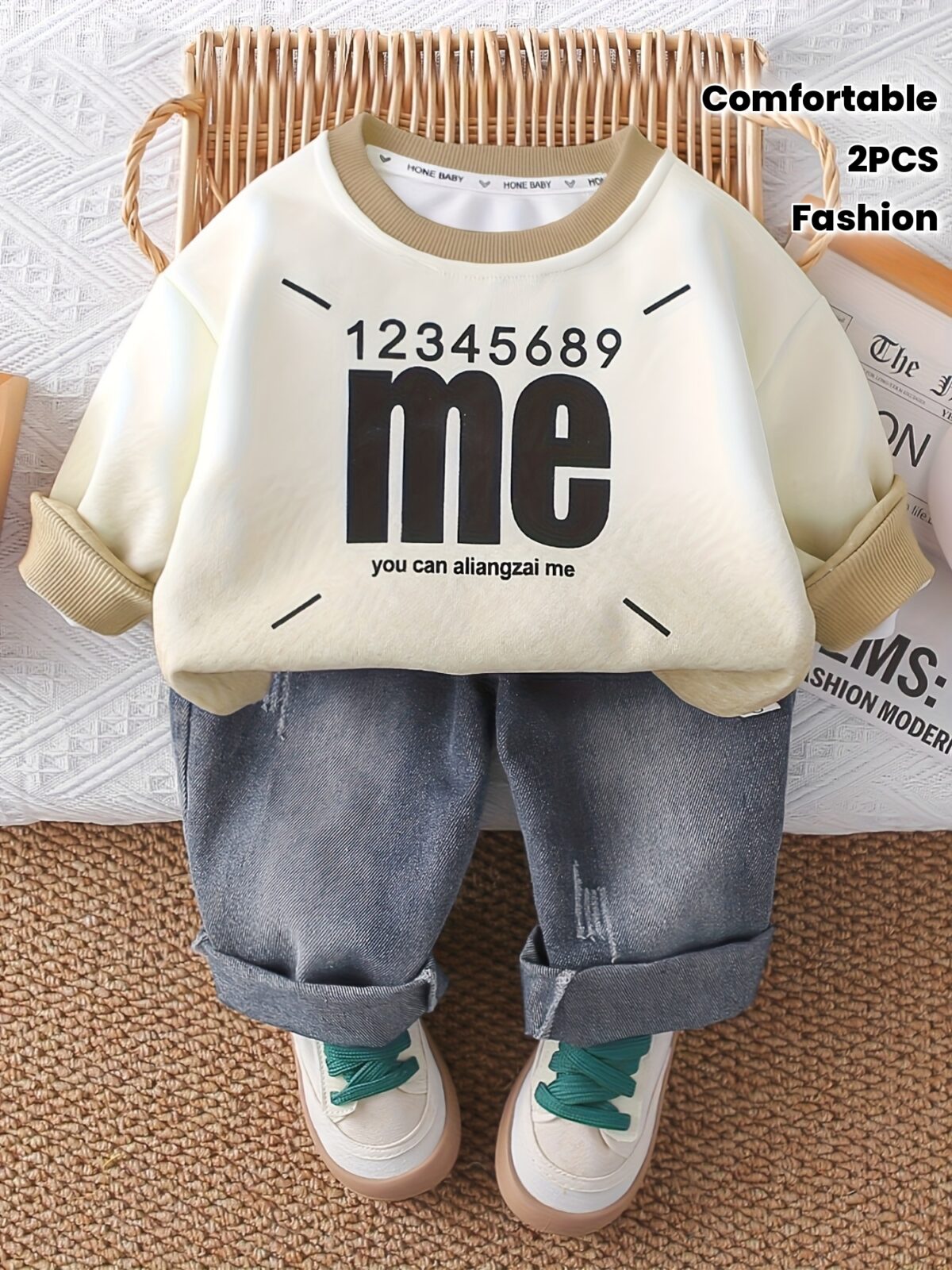 Stylish boys two piece autumnwinter outfit featuring a trendy letter print hoodie and comfortable jeans perfect for back to school holidays or parties