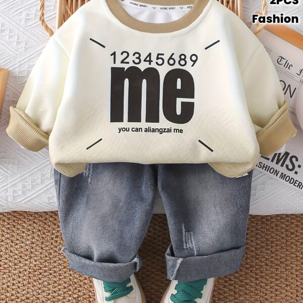 Stylish boys two piece autumnwinter outfit featuring a trendy letter print hoodie and comfortable jeans perfect for back to school holidays or parties