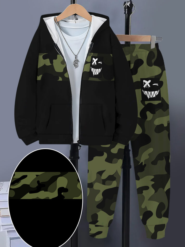 Shadow Striker Boys' Camo Hoodie & Jogger Set. Trendy camouflage print with skull design. Soft, stretchy polyester. Perfect for spring and fall.