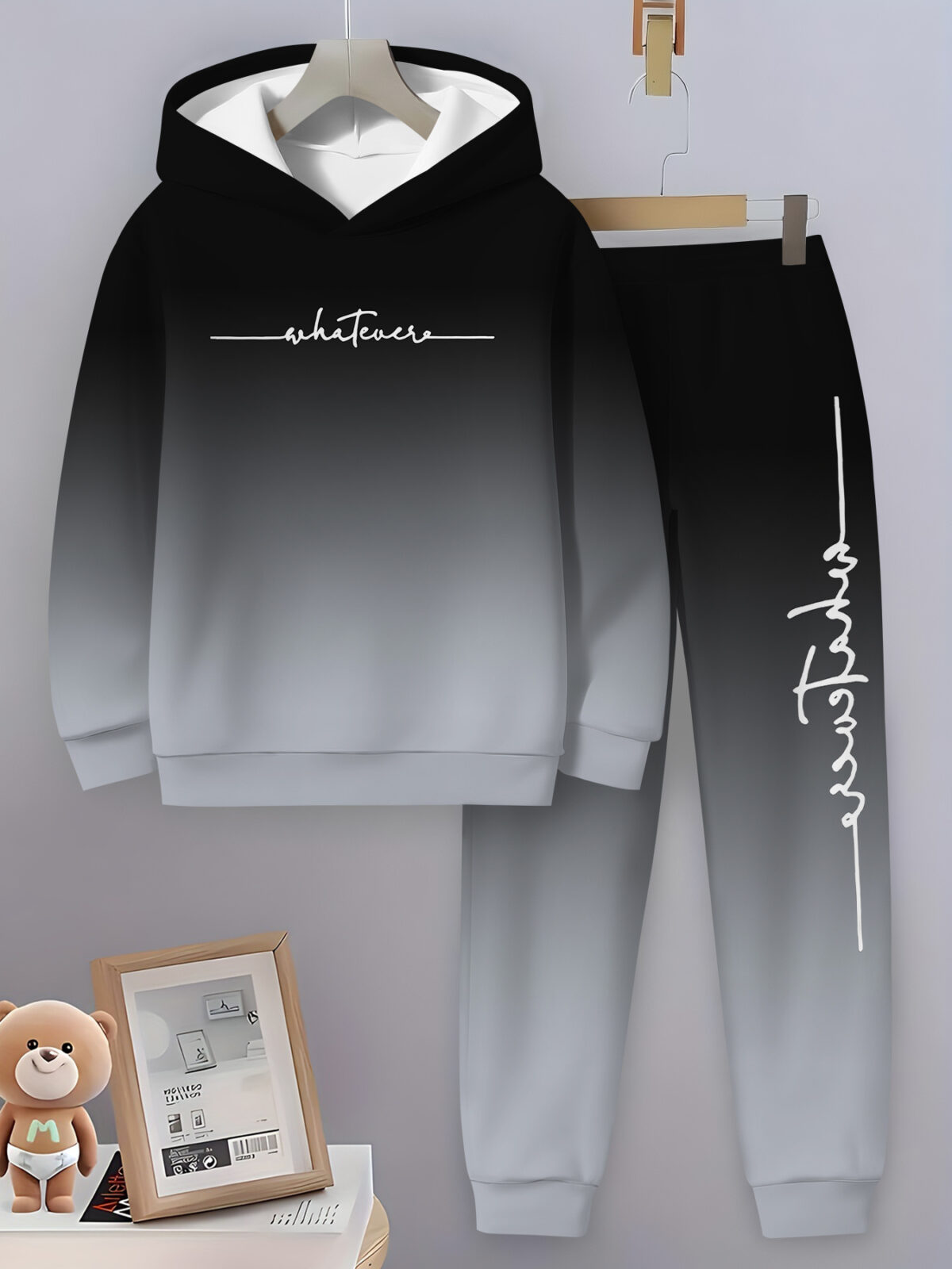 Stylish boys two piece gradient hoodie set in trendy colors Featuring a comfortable soft polyester hoodie and matching long pants perfect for everyday wear and playtime