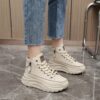 Womens Trendy Platform Sneakers with Lace Up and Side Zipper in White