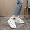 Womens Trendy Platform Sneakers with Lace Up and Side Zipper in White