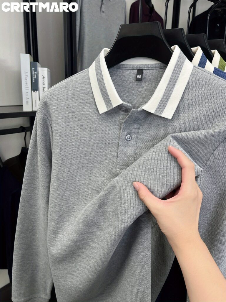 Modern Minimalist Men's Cotton Long Sleeve Shirt in versatile cream color, shown on a male model. The shirt is wrinkle-resistant and breathable, perfect for spring or fall.