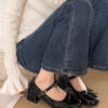 Womens elegant black Mary Jane high heels with a bow detail chunky heel and square toe