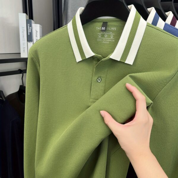 Modern Minimalist Men's Cotton Long Sleeve Shirt in versatile cream color, shown on a male model. The shirt is wrinkle-resistant and breathable, perfect for spring or fall.