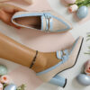Womens beige pointed toe high heels with blue accent chunky block heel comfortable cushioned insole