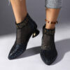 Womens black snakeskin pattern mesh ankle boots with chunky heel pointed toe and rhinestone accents