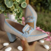 Womens beige pointed toe high heels with blue accent chunky block heel comfortable cushioned insole