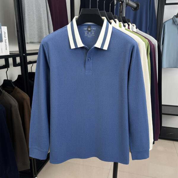 Modern Minimalist Men's Cotton Long Sleeve Shirt in versatile cream color, shown on a male model. The shirt is wrinkle-resistant and breathable, perfect for spring or fall.