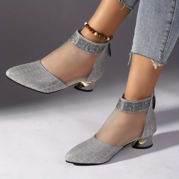 Womens black snakeskin pattern mesh ankle boots with chunky heel pointed toe and rhinestone accents