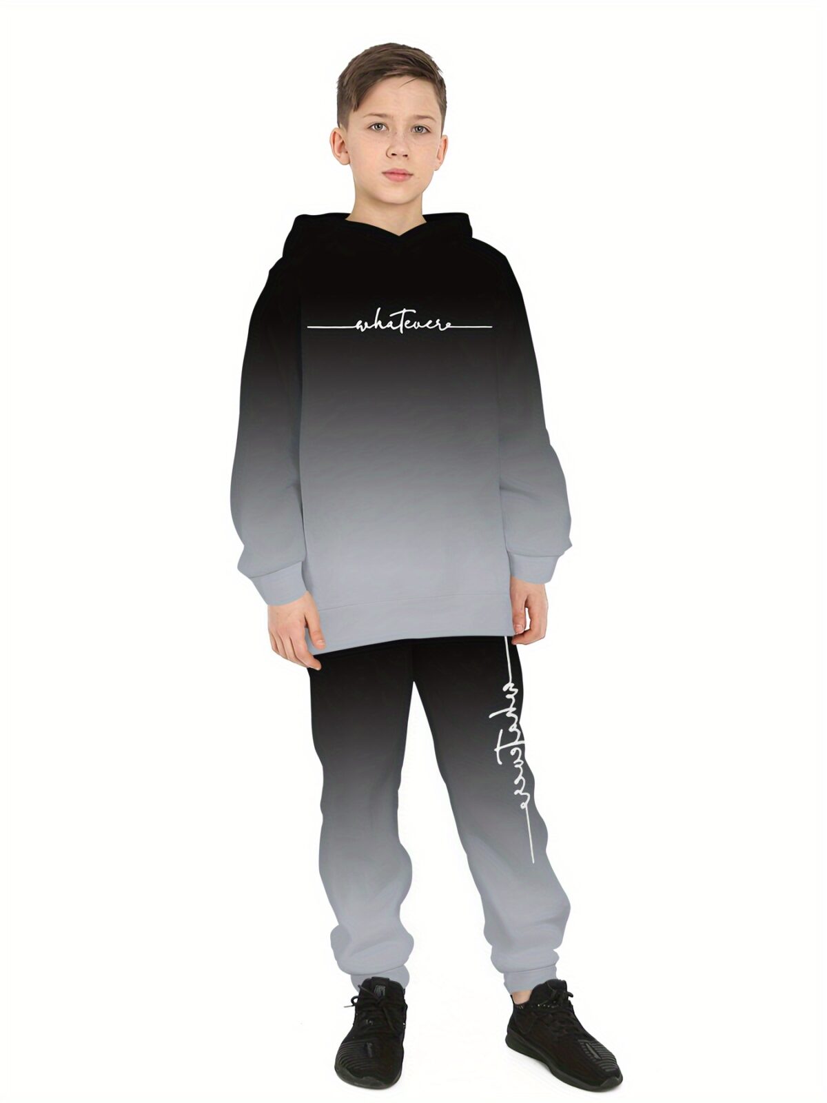Stylish boys two piece gradient hoodie set in trendy colors Featuring a comfortable soft polyester hoodie and matching long pants perfect for everyday wear and playtime