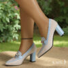Womens beige pointed toe high heels with blue accent chunky block heel comfortable cushioned insole