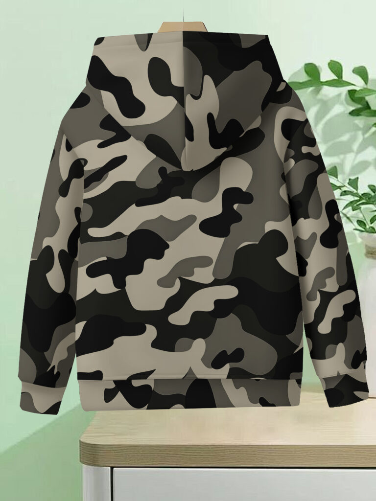 Stylish boys' camouflage hoodie set featuring a trendy camo print and chain details, perfect for playtime or weekend outings.