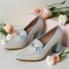 Womens beige pointed toe high heels with blue accent chunky block heel comfortable cushioned insole