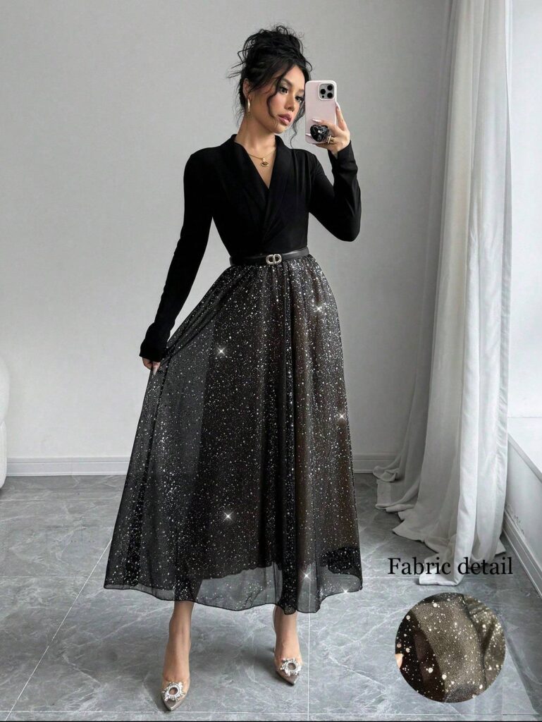 Emerald Isle Sequin Midi Dress in emerald green, showcasing a v-neck, cinched waist, and all-over sequins. Perfect for formal occasions.