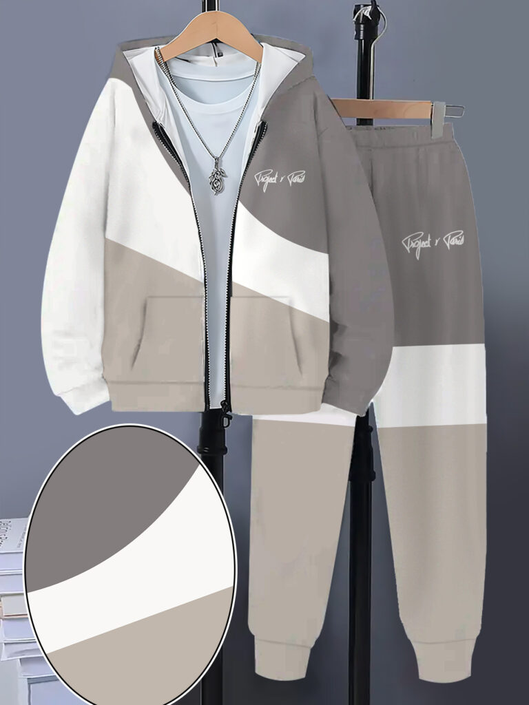 Stylish boys' color block activewear set featuring a trendy logo sweatshirt and joggers in a multi-color patchwork print. Perfect for active play and everyday wear.