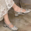 Womens elegant black Mary Jane high heels with a bow detail chunky heel and square toe
