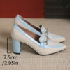Womens beige pointed toe high heels with blue accent chunky block heel comfortable cushioned insole
