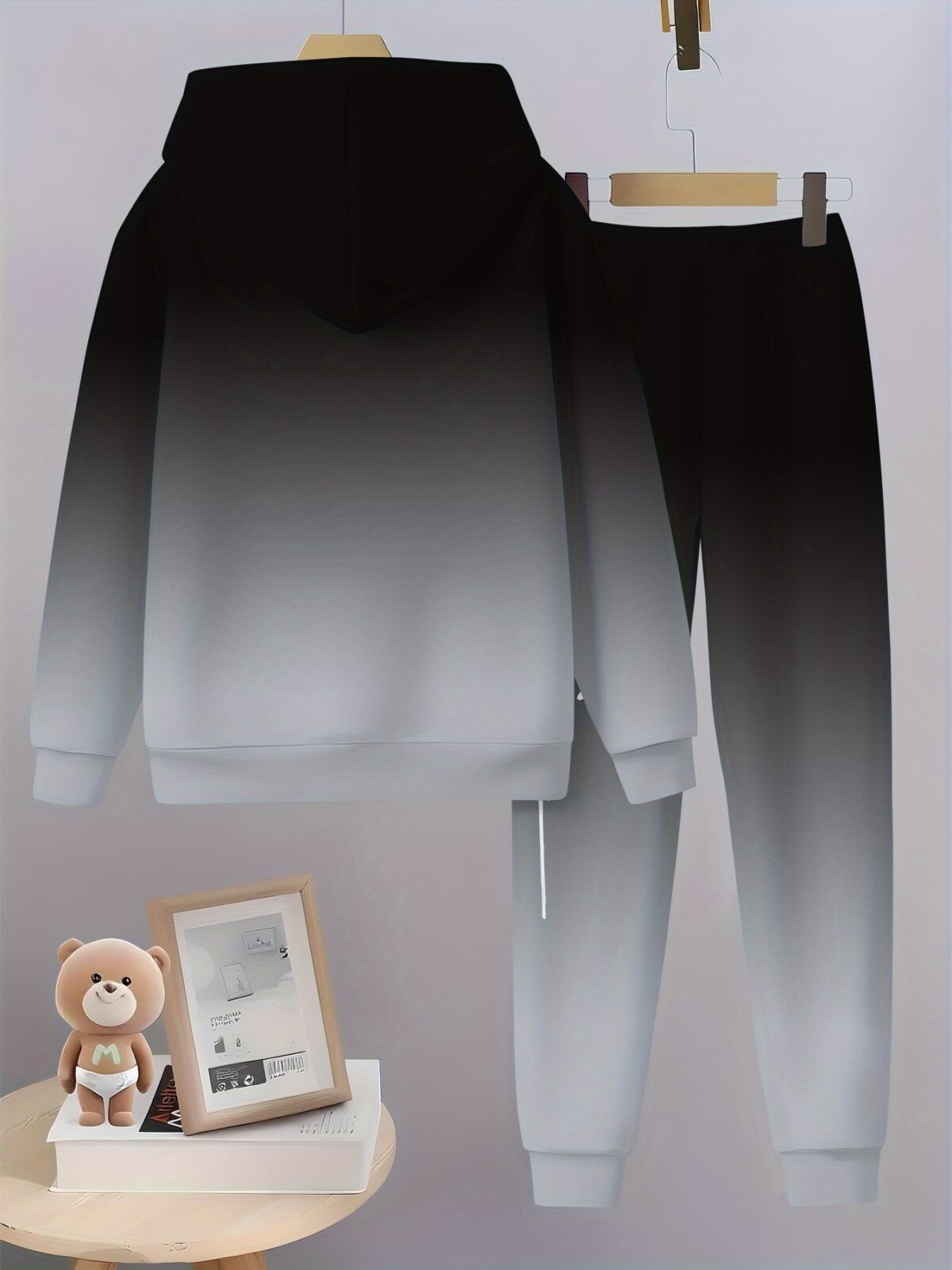 Stylish boys two piece gradient hoodie set in trendy colors Featuring a comfortable soft polyester hoodie and matching long pants perfect for everyday wear and playtime