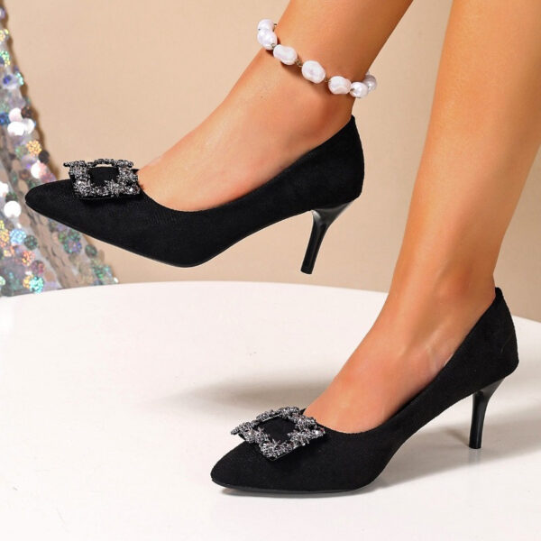 Midnight Sparkle Rhinestone Pointed Heels by Newness Elegant black pointed toe heels adorned with sparkling rhinestones