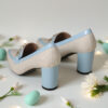 Womens beige pointed toe high heels with blue accent chunky block heel comfortable cushioned insole