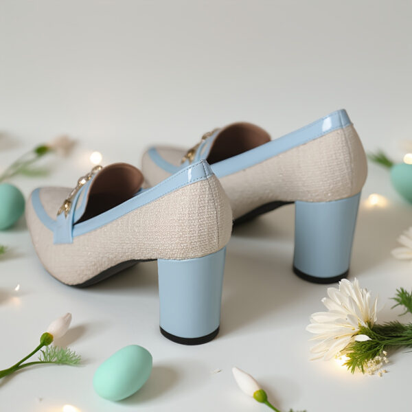 Womens beige pointed toe high heels with blue accent chunky block heel comfortable cushioned insole