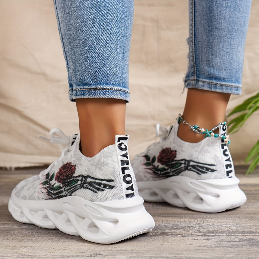 Newness Urban Bloom Rose Print Sneakers: Breathable, lightweight rose print sneakers, perfect for everyday wear.