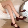 Womens elegant black Mary Jane high heels with a bow detail chunky heel and square toe