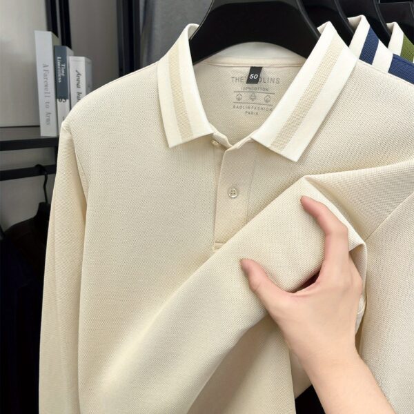 Modern Minimalist Men's Cotton Long Sleeve Shirt in versatile cream color, shown on a male model. The shirt is wrinkle-resistant and breathable, perfect for spring or fall.
