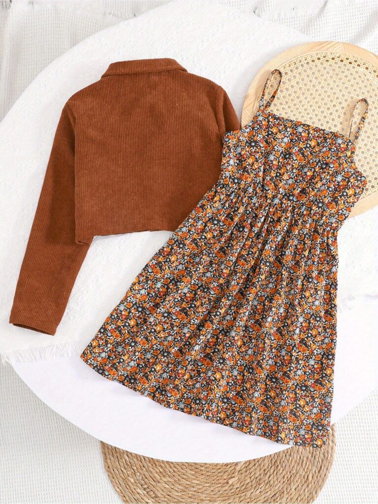 Stylish girls corduroy jacket set in deep autumnal hues, perfect for fall adventures. Features a chic jacket and coordinating bottoms.