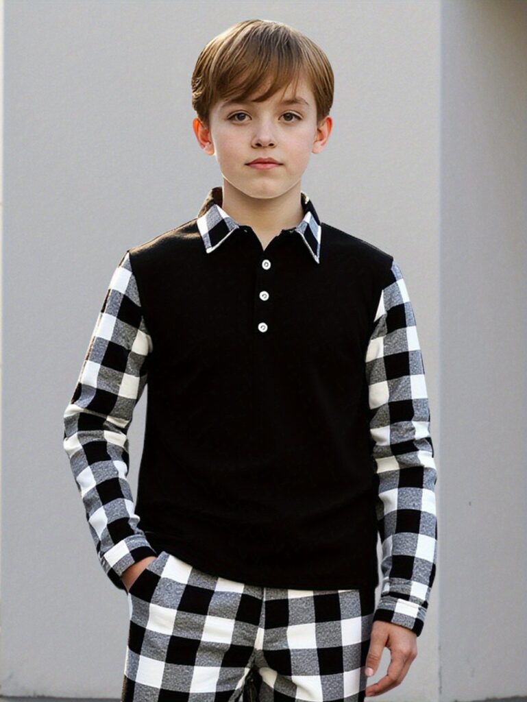 Stylish boys' plaid two-piece outfit featuring a long-sleeved polo shirt and cuffed trousers, perfect for spring or fall.