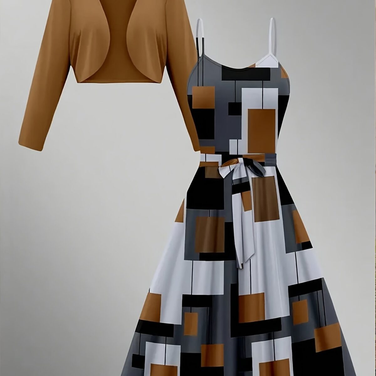 Newness City Chic Geometric Print Dress Set A stylish two piece dress set featuring a chic geometric print perfect for any occasion