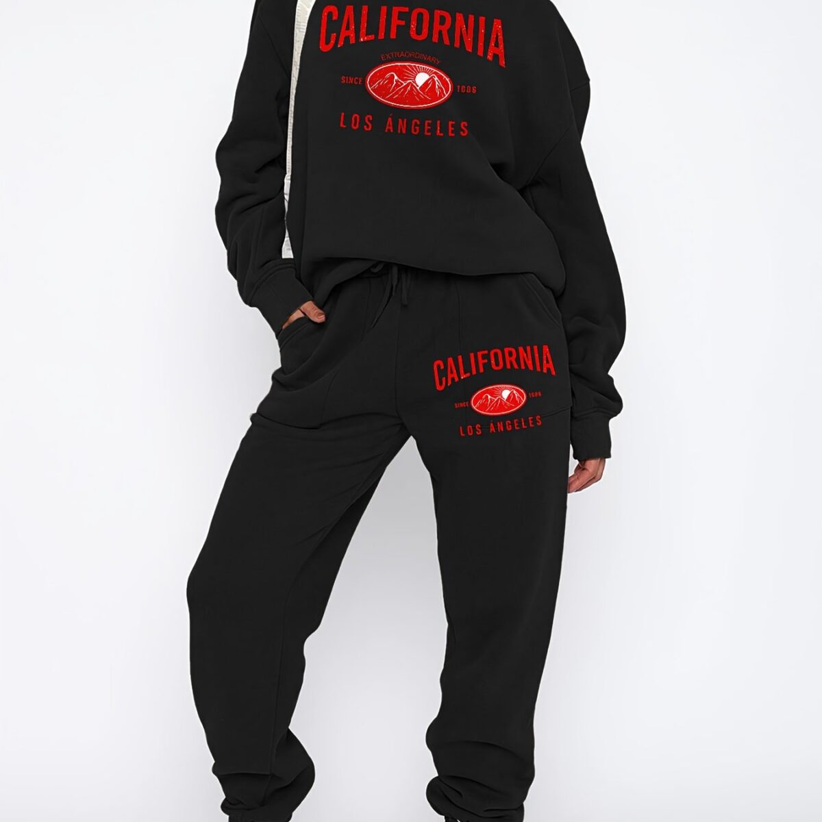Stay cozy and stylish in the Newness Sunset Boulevard California Print Hoodie  Sweatpants Set Fleece lined for ultimate comfort this chic set features a vibrant California print