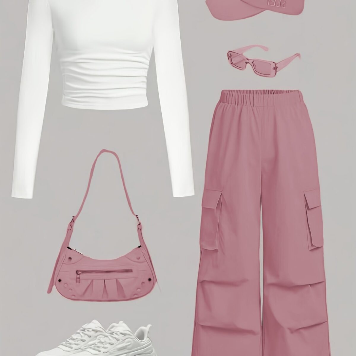 Rose Clay Pink Cargo Pants Set from Newness Flattering wide leg cargo pants and a matching cropped top in a soft rose clay pink Effortlessly chic and comfortable