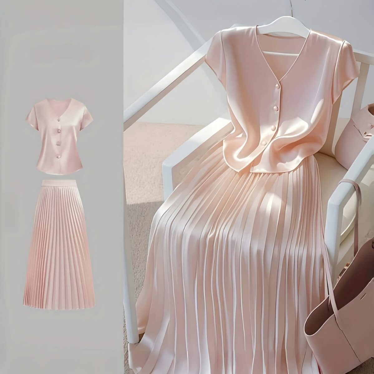 Flatlay of the Newness Bisous Rosé pink pleated midi set showcasing the skirt and top separately and together The set is a beautiful shade of pink and features delicate pleats