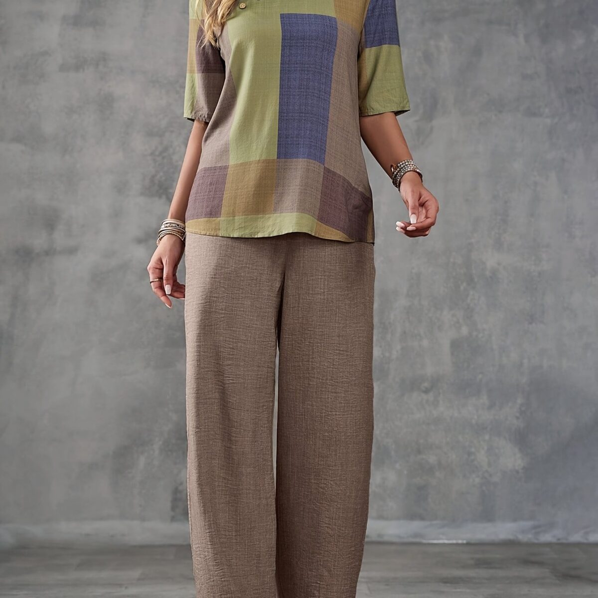 Stylish Cairo Chic Patchwork Casual Suit by Newness A modern and chic patchwork design perfect for spring and summer