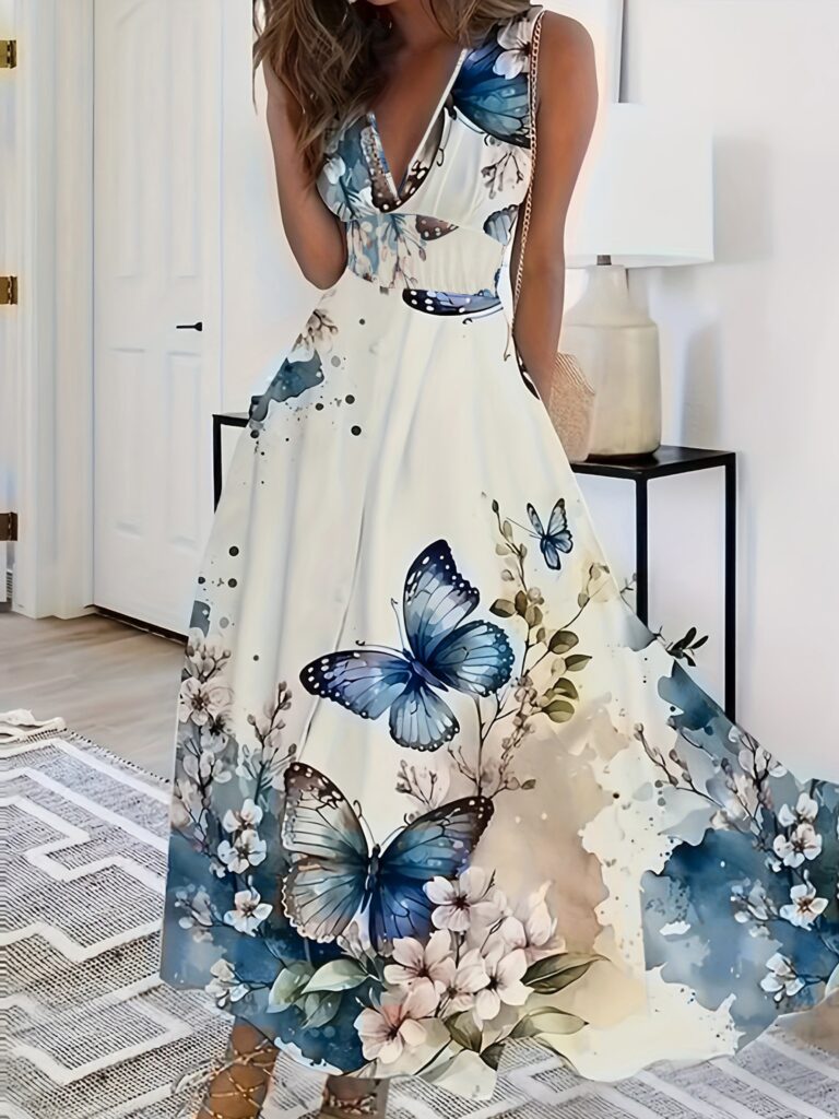 Model wearing a flowing Azure Breeze Floral Butterfly Print Dress, showcasing the vibrant butterfly and floral print. The dress is light and airy, perfect for spring and summer.
