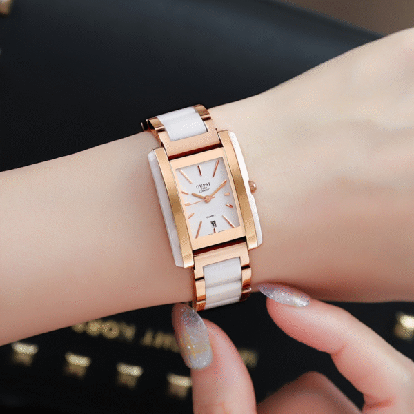 Celestial Dusk Ceramic Square Watch: Rose gold and ceramic band, square watch face with white dial.