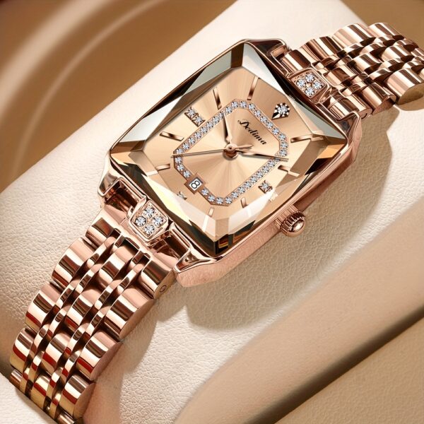 Emerald Elegance Square Quartz Watch by Newness: A sophisticated square watch with an emerald green face, showcasing modern elegance on a woman's wrist.