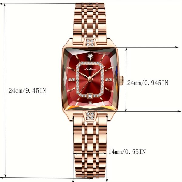 Emerald Elegance Square Quartz Watch by Newness: A sophisticated square watch with an emerald green face, showcasing modern elegance on a woman's wrist.
