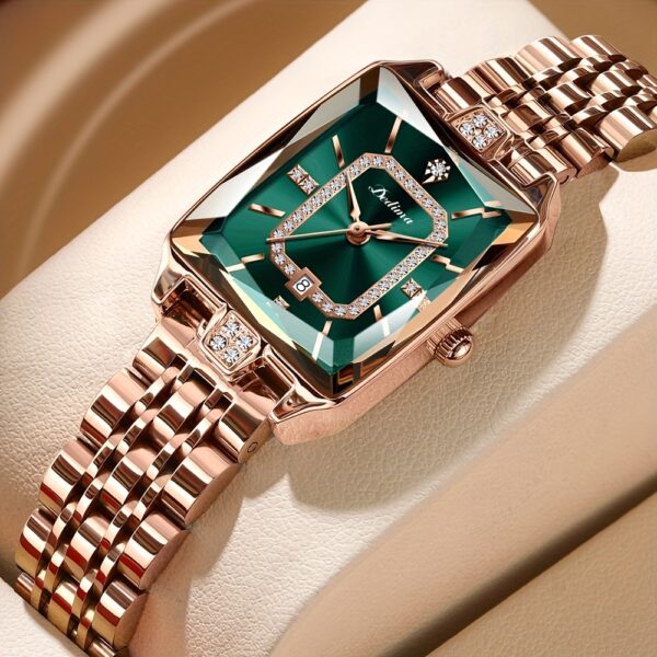 Emerald Elegance Square Quartz Watch by Newness: A sophisticated square watch with an emerald green face, showcasing modern elegance on a woman's wrist.