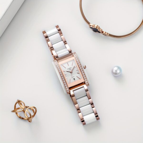 Celestial Dusk Ceramic Square Watch: Rose gold and ceramic band, square watch face with white dial.