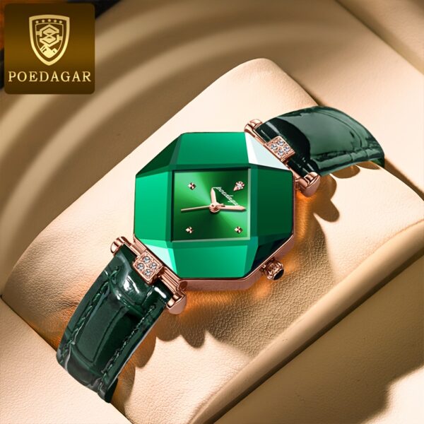 POEDAGAR Women's Elegant Quartz Watch, Vintage Style, Green Dial with Rose Golden Accents, PU Leather Strap