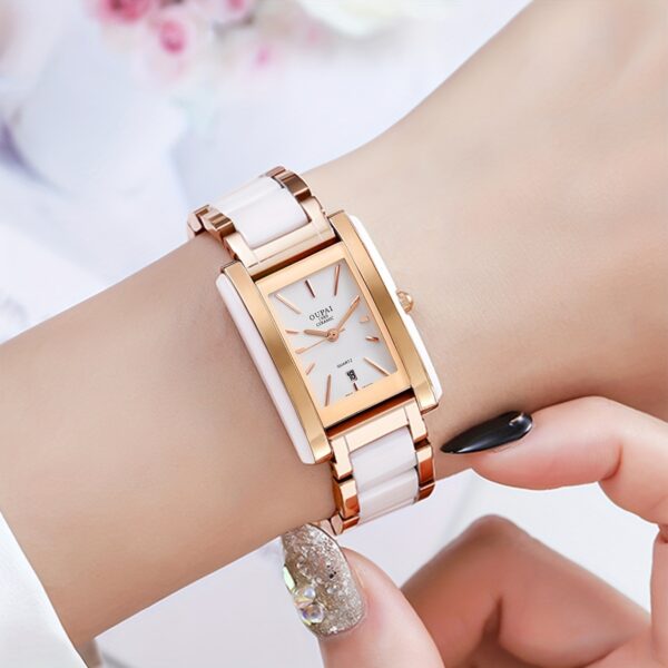 Celestial Dusk Ceramic Square Watch: Rose gold and ceramic band, square watch face with white dial.