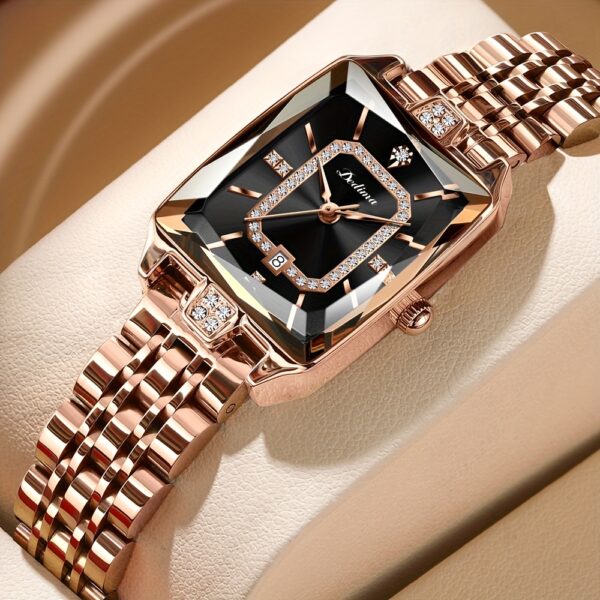 Emerald Elegance Square Quartz Watch by Newness: A sophisticated square watch with an emerald green face, showcasing modern elegance on a woman's wrist.